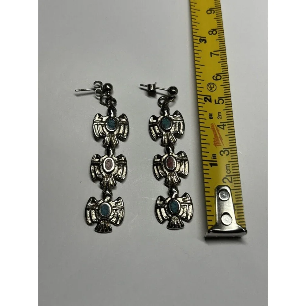 Triple Thunderbird Stacked Navajo Earrings Dangle Native Sterling 925
